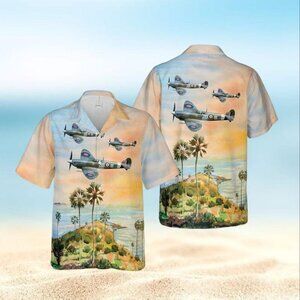 Fighter Plane Hawaiian Shirt, Vintage Warbird Button Up, Spitfire Aircraft Beach
